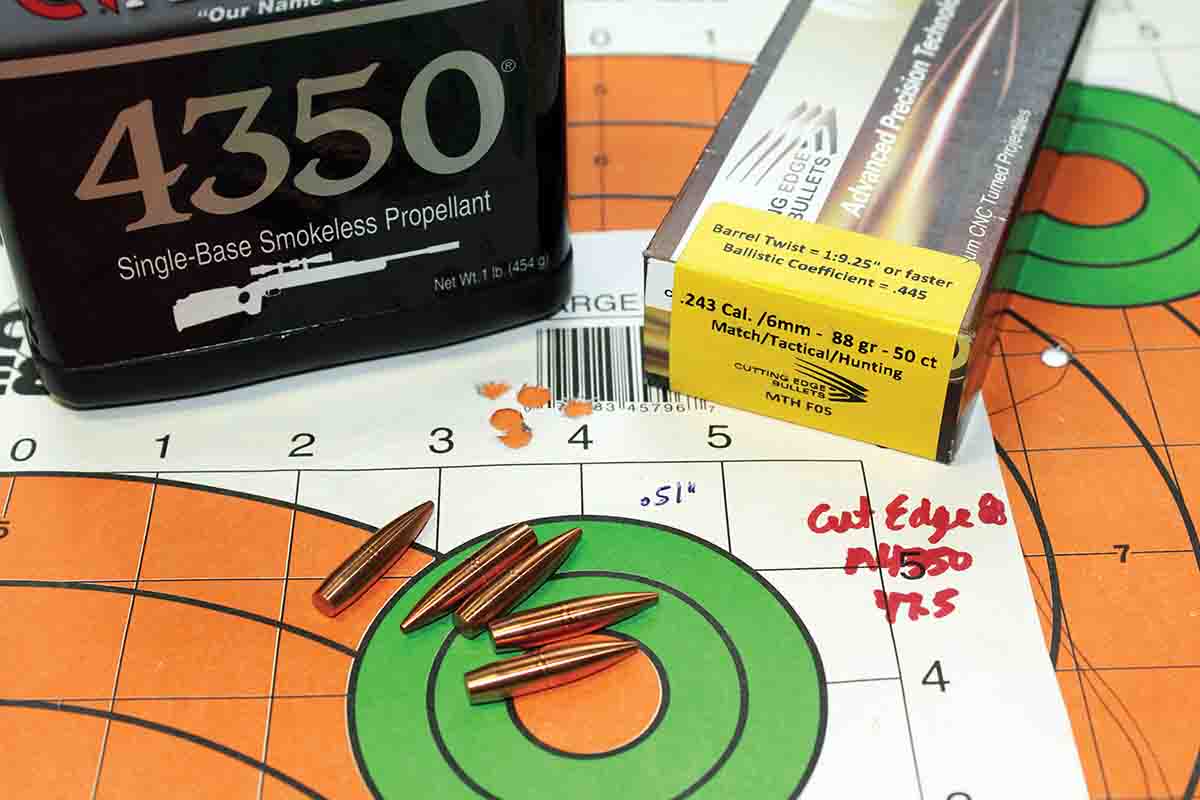 Cutting Edge 88-grain MTH bullets seated over 47.5 grains of Accurate 4350 produced a .51-inch, five-shot 100-yard group.